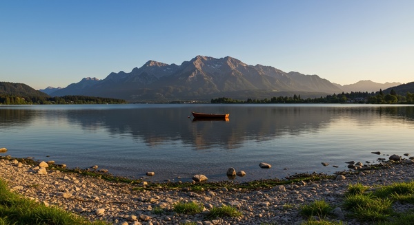 Paesaggio di montagne e lago con luce morbida, atmosfera serena